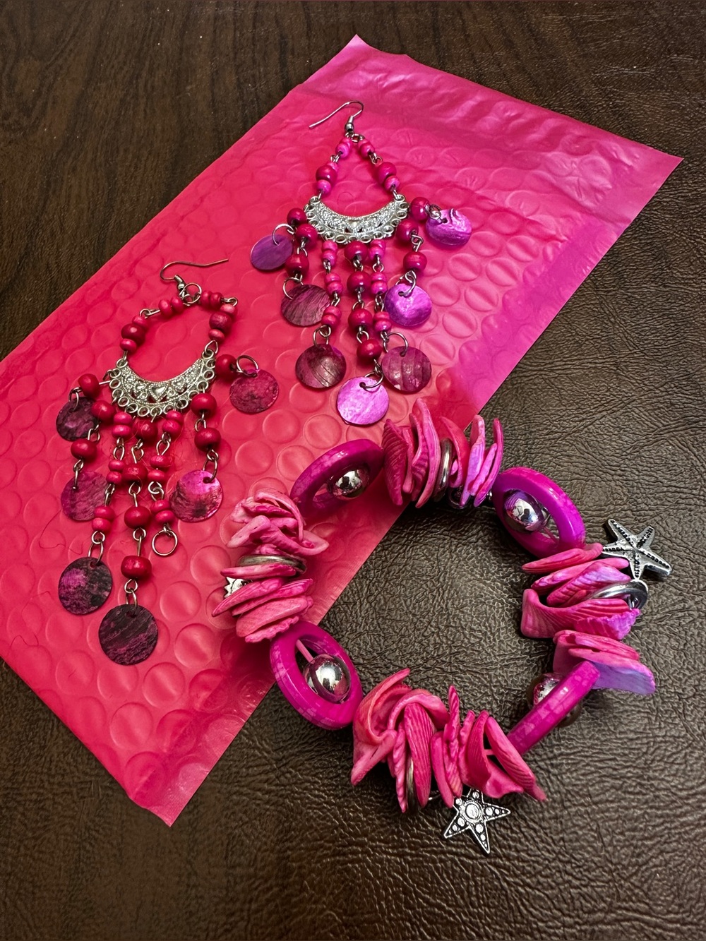 Pink Beaded Statement Earrings and Bracelet Set*BOHO*